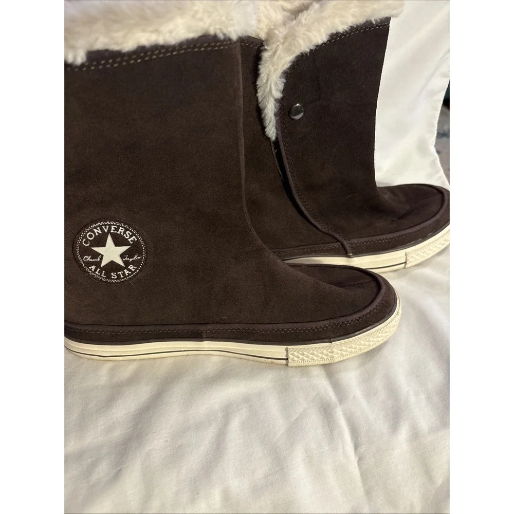 Converse Brown Suede Chuck Taylor Fall Winter Fuzzy Lined High Top Sneakers S 8 - Picture 4 of 7